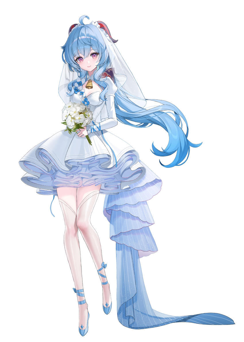 1girl absurdres ahoge alternate_costume bell blue_flower blue_hair bouquet bow bridal_veil closed_mouth dress floating_hair flower full_body ganyu_(genshin_impact) genshin_impact goat_horns hair_between_eyes hair_bow highres holding holding_bouquet horns hyoin long_hair long_sleeves low_ponytail neck_bell pink_eyes sidelocks simple_background smile standing thigh-highs veil very_long_hair wedding_dress white_background white_dress white_flower