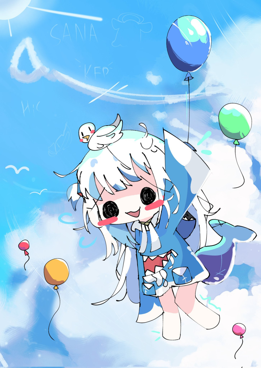1girl animal_costume animal_hood animal_on_head balloon bird bird_on_head blue_hair blue_hoodie blue_sky chibi clouds cloudy_sky commentary day english_commentary english_text fins fish_tail flying_sweatdrops full_body gawr_gura grey_hair hair_ornament highres holding holding_balloon hololive hololive_english hood hood_down hoodie koyoinacho long_hair long_sleeves looking_at_viewer midair multicolored_hair no_pants on_head open_mouth outdoors shark_costume shark_girl shark_hood shark_tail sidelocks sky sleeves_past_fingers sleeves_past_wrists smile smol_gura solo streaked_hair sun tail takodachi_(ninomae_ina'nis) two_side_up virtual_youtuber wide_sleeves