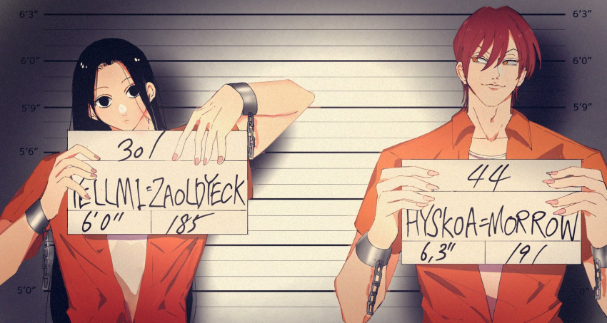 2boys a6_9s_rinlin alternate_costume black_hair character_name height_chart height_mark highres hisoka_morow holding holding_sign hunter_x_hunter illumi_zoldyck long_hair looking_at_another looking_at_viewer male_focus mugshot multiple_boys prison_clothes redhead short_hair sign smile upper_body yellow_eyes