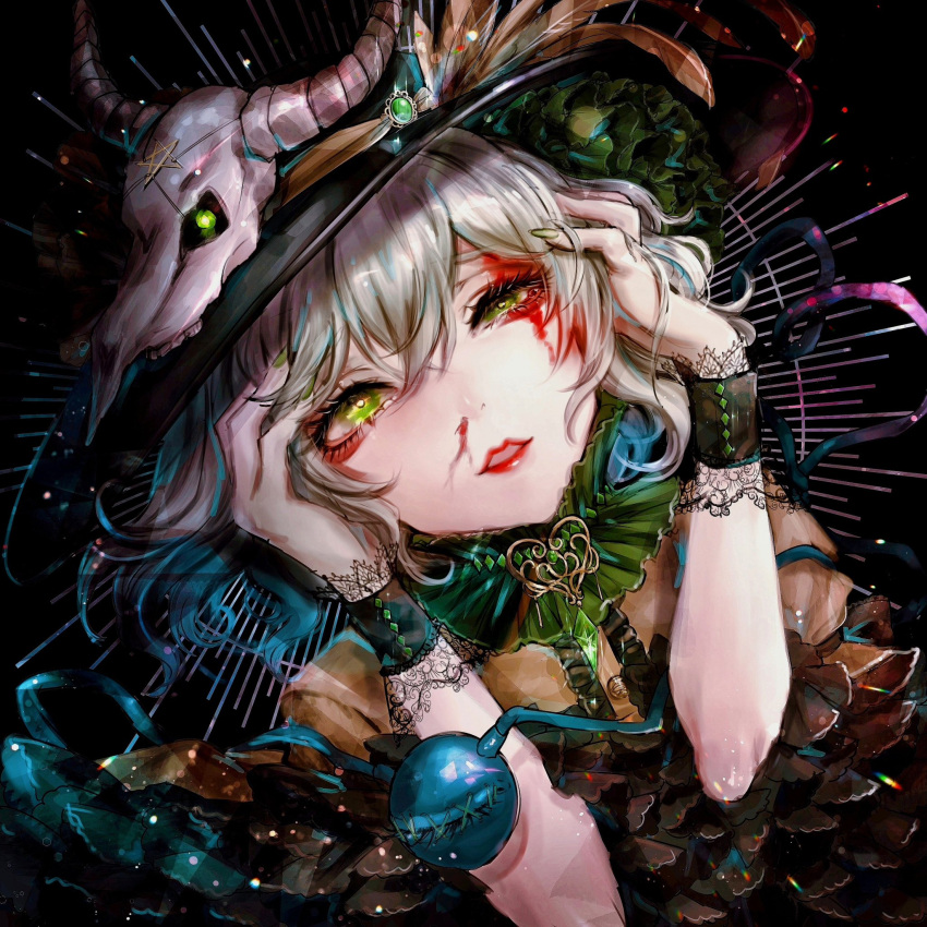 1girl animal_skull black_background blood blush commentary_request dutch_angle eyelashes floating_hair green_eyes green_nails grey_hair half-closed_eyes hands_on_own_head hands_up hat highres komeiji_koishi kyogoku-uru light_blush lipstick long_hair looking_at_viewer makeup nail_polish nose_blush nosebleed nostrils parted_lips simple_background solo third_eye touhou upper_body