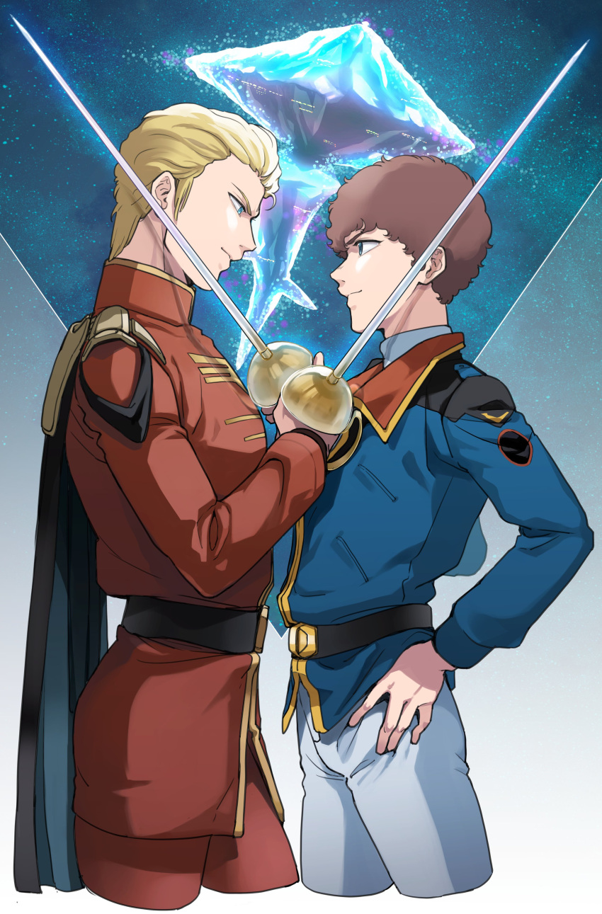 2boys absurdres amuro_ray aqua_eyes belt black_belt black_cape blonde_hair blue_cape blue_eyes blue_jacket brown_hair cape char's_counterattack char_aznable closed_mouth cropped_legs gundam hair_slicked_back hand_on_own_hip high_collar highres holding holding_sword holding_weapon jacket long_sleeves looking_at_another male_focus military_uniform multiple_boys oh_syz pants rapier red_pants shirt short_hair shoulder_boards smile space star_(sky) sword turtleneck two-sided_cape two-sided_fabric uniform weapon white_pants white_shirt