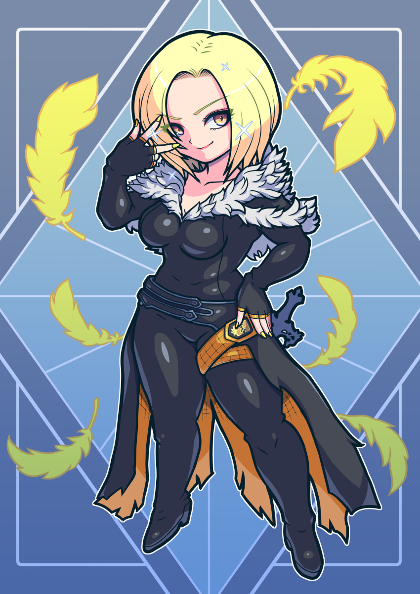 1girl benedikta_harman blonde_hair bodysuit breasts closed_mouth feather_collar feathers final_fantasy final_fantasy_xvi full_body fur_collar fur_trim gloves hand_on_own_hip highres leather leather_vest looking_at_viewer low_neckline seidou-majin shiny_clothes short_hair skin_tight smile solo sparkle standing sword v weapon yellow_eyes yellow_feathers