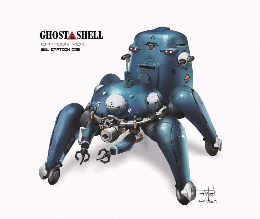 2021 cannon captoon claws cyberpunk dated ghost_in_the_shell highres lights logo machinery mecha no_humans realistic robot science_fiction signature simple_background solo tachikoma title walker web_address wheel white_background