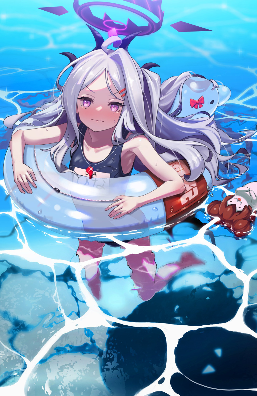 1girl absurdres afloat ahoge armpits blue_archive blush character_doll demon_girl demon_horns demon_wings forehead hair_ornament hairclip halo highres hina_(blue_archive) hina_(swimsuit)_(blue_archive) horns in_water innertube long_hair looking_at_viewer maki_(blue_archive) name_tag ocean official_alternate_hairstyle old_school_swimsuit one_side_up parted_bangs school_swimsuit sidelocks sleeveless solo suppa_(hagakuresuppa) sweatdrop swimming swimsuit translation_request wavy_hair wavy_mouth whistle whistle_around_neck wings