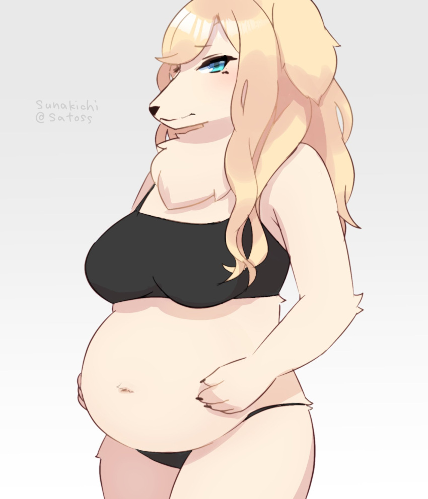 1girl belly blonde_hair borzoi bra dog furry furry_female hand_on_own_stomach highres ichigotoofu looking_at_viewer office_lady pregnant underwear