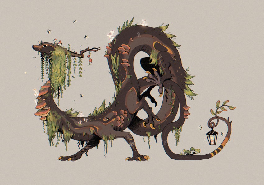 1girl black_eyes bug clarascintilla claws closed_mouth creature dragon english_commentary fantasy full_body highres holding holding_lantern lantern leaf long_tail looking_at_viewer moss multiple_legs mushroom no_humans original paid_reward_available plant profile simple_background tail