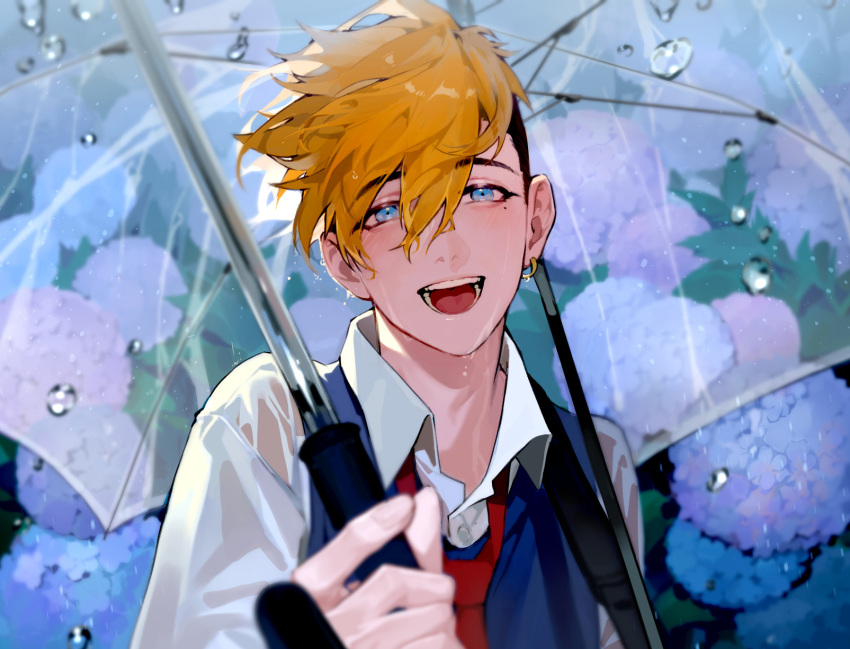 1boy black_hair blonde_hair blue_eyes blue_vest collared_shirt earrings flower highres holding holding_umbrella jewelry looking_at_viewer male_focus mole mole_under_eye necktie open_mouth purple_flower rain red_necktie rladd881 shirt short_hair single_earring smile solo teeth transparent transparent_umbrella trigun trigun_stampede umbrella undercut upper_body vash_the_stampede vest wet wet_clothes white_shirt