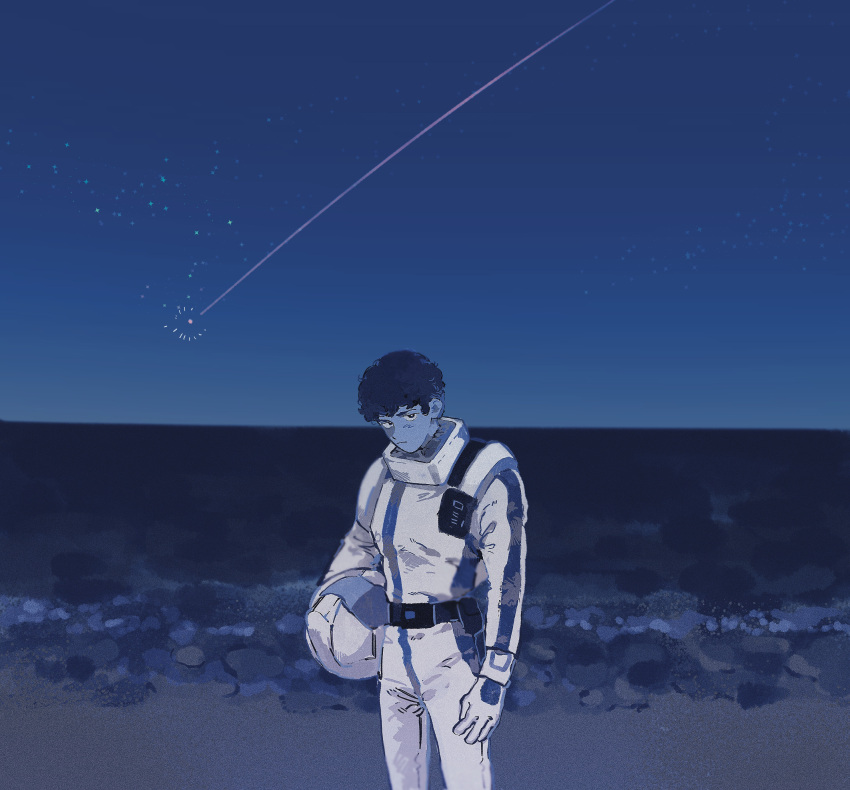 0ml 1boy absurdres amuro_ray beach blue_theme blurry char's_counterattack closed_mouth curly_hair expressionless gundam headwear_removed helmet helmet_removed highres holding holding_helmet looking_at_viewer male_focus night night_sky ocean outdoors sand shooting_star short_hair sky solo spacesuit standing star_(sky) starry_sky