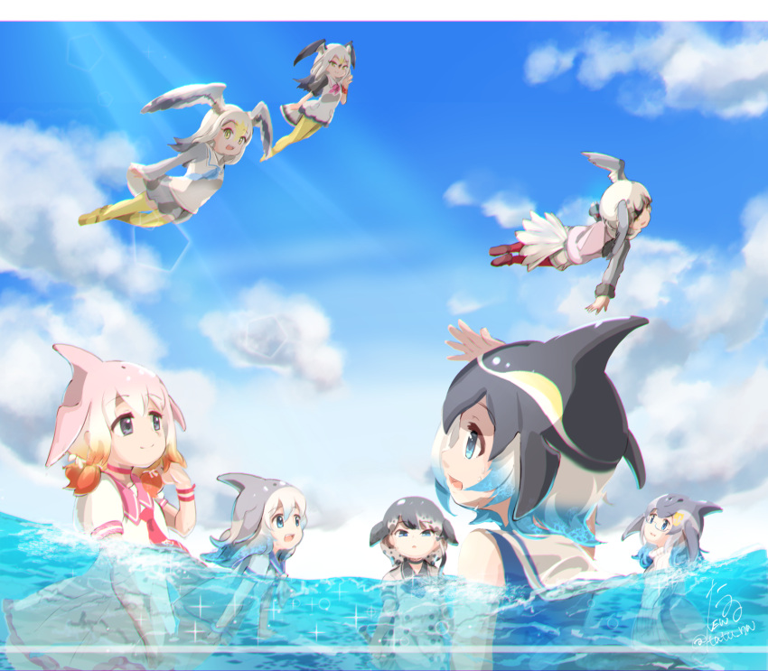 6+girls arm_at_side arm_up arms_at_sides bird_girl bird_tail bird_wings black-tailed_gull_(kemono_friends) black_hair blonde_hair blue_eyes blue_hair blue_sky blue_whale_(kemono_friends) cetacean_tail chinese_white_dolphin_(kemono_friends) closed_mouth common_bottlenose_dolphin_(kemono_friends) common_dolphin_(kemono_friends) common_gull_(kemono_friends) day dolphin_girl dorsal_fin dress fins fish_tail floating grey_hair grey_shirt hand_up head_fins head_wings highres kemono_friends letterboxed long_hair long_sleeves looking_at_another looking_up medium_hair multicolored_hair multiple_girls narwhal_(kemono_friends) necktie ocean open_mouth outdoors outstretched_arm pantyhose parted_lips partially_submerged ross's_gull_(kemono_friends) sailor_collar shirt shoes short_dress short_sleeves signature sky smile sunlight swimming tail tatsuno_newo water whale_girl white_hair wings yellow_eyes