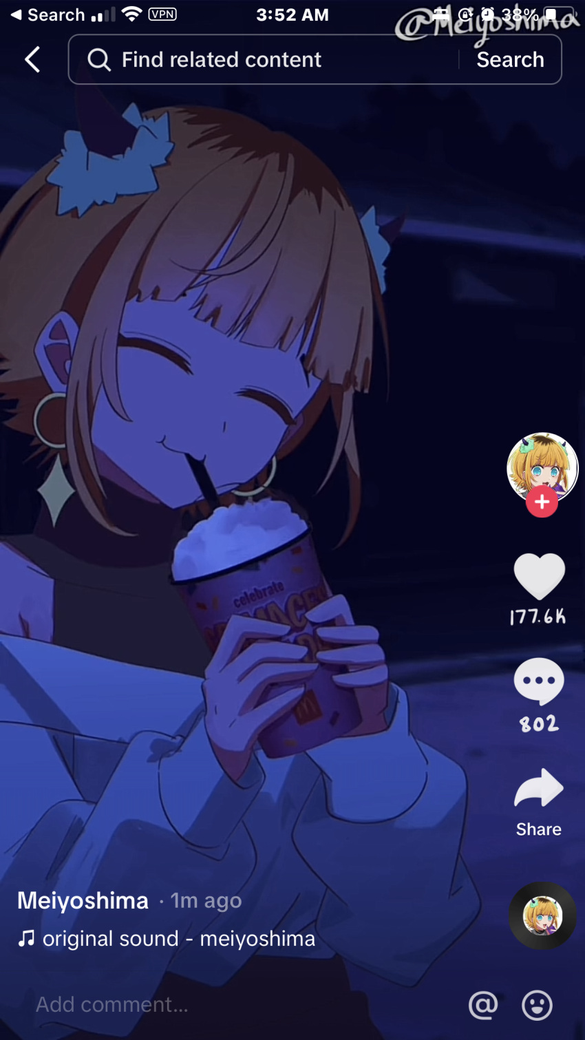 1girl :3 bare_shoulders blonde_hair blue_sweater blunt_bangs closed_eyes collarbone commentary cup demon_horns drinking drinking_straw earrings english_commentary english_text fake_horns fake_screenshot fang grimace_shake_(meme) highres holding holding_cup horns jewelry long_sleeves meiyoshima memcho meme night off-shoulder_sweater off_shoulder oshi_no_ko puffy_sleeves short_hair sidelocks smile solo sparkle sweater tiktok twitter_username upper_body