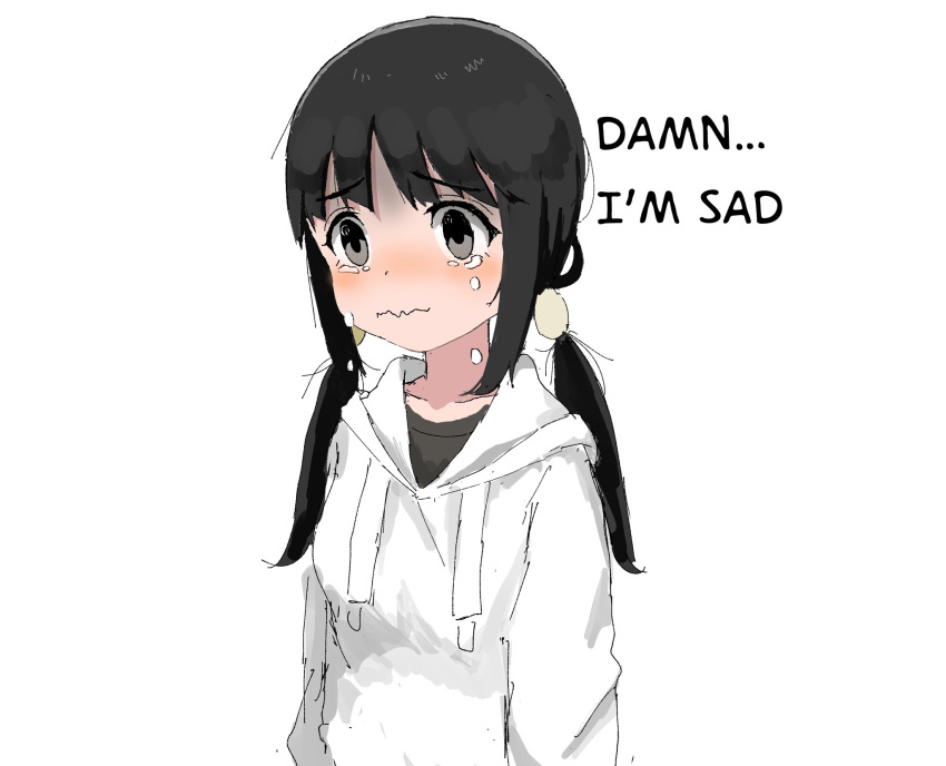 1girl aiu404l aiu_(character) artist_self-insert black_hair black_shirt collarbone commentary crying crying_with_eyes_open egg_hair_ornament english_text food-themed_hair_ornament grey_eyes hair_ornament highres hood hood_down hoodie jaggy_lines long_hair long_sleeves low_twintails oekaki original shirt short_twintails sidelocks simple_background solo symbol-only_commentary tears twintails upper_body white_background white_hoodie