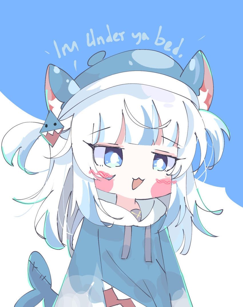 1girl animal_costume animal_ear_fluff animal_ears blue_eyes blue_hair blue_headwear blue_hoodie blunt_bangs blush_stickers bright_pupils cat_ears chibi commentary english_commentary english_text fins fish_tail gawr_gura gawr_gura_(1st_costume) grey_hair hair_ornament highres hololive hololive_english hood hood_down hoodie koyoinacho long_hair long_sleeves looking_at_viewer multicolored_hair open_mouth shark_costume shark_girl shark_hair_ornament shark_tail sidelocks simple_background smile solo streaked_hair tail two-tone_background two_side_up upper_body variant_set virtual_youtuber white_background white_pupils