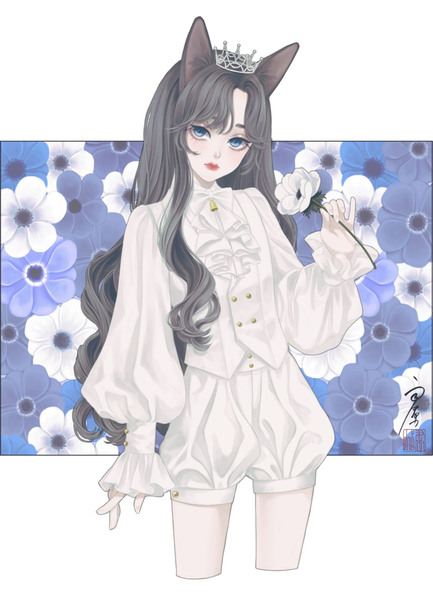 1girl animal_ears bell blue_background blue_eyes blue_flower bow bowtie buttoned_cuffs buttons cat_ears cat_girl closed_mouth commentary cowboy_shot cropped_legs crown floral_background flower hand_up highres holding holding_flower jabot long_hair long_sleeves looking_at_viewer mini_crown neck_bell original outside_border puffy_long_sleeves puffy_shorts puffy_sleeves red_lips seal_impression shirt shorts signature sleeves_past_wrists solo standing symbol-only_commentary ushiyama_ame very_long_hair vest white_background white_bow white_bowtie white_flower white_jabot white_shirt white_shorts white_vest