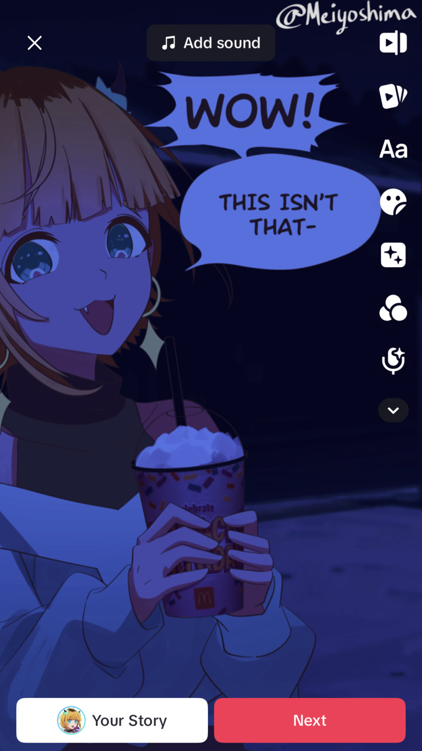 1girl :3 :d bare_shoulders blonde_hair blue_eyes blue_sweater blunt_bangs collarbone commentary demon_horns drinking_straw earrings english_commentary english_text fake_horns fake_screenshot fang floating_hair grimace_shake_(meme) highres horns jewelry long_sleeves looking_at_viewer meiyoshima memcho meme night no_pupils off-shoulder_sweater off_shoulder open_mouth oshi_no_ko puffy_sleeves short_hair sidelocks smile solo sparkle sweater tiktok twitter_username upper_body