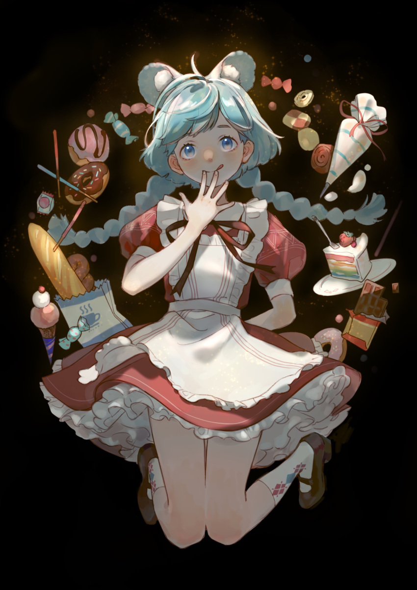1girl :q absurdres ahoge animal_ears apron aqua_hair argyle argyle_legwear arm_behind_back bag baguette berry black_background black_ribbon blue_eyes blush braid bread brown_footwear cake cake_slice candy checkerboard_cookie cherry chocolate chocolate_bar chocolate_doughnut chocolate_syrup commentary cookie dated_commentary doughnut dress floating_hair food food_request frilled_dress frills fruit full_body glowing hand_up hidari_(nanmu-left) highres ice_cream ice_cream_cone jumping knees_together_feet_apart licking_lips light_particles long_hair looking_at_viewer low_twin_braids mary_janes mouse_ears mouse_girl neck_ribbon open_hand original paper_bag pastry_bag plate puffy_short_sleeves puffy_sleeves red_dress red_ribbon ribbon sash shoes short_sleeves simple_background socks solo sprinkles straight-on strawberry symbol-only_commentary tareme tongue tongue_out twin_braids white_apron white_sash white_socks wrapped_candy