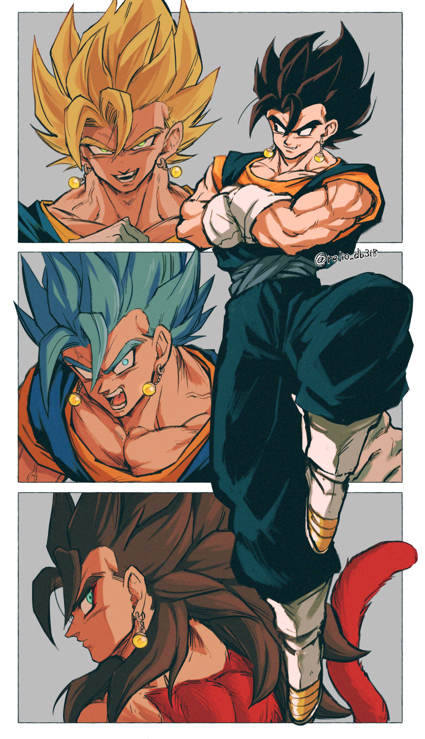 1boy absurdres biceps blue_eyes body_fur closed_mouth dragon_ball dragon_ball_super dragon_ball_z earrings highres jewelry looking_at_viewer male_focus monkey_boy monkey_tail muscular muscular_male pants pectorals potara_earrings red_fur relio_db318 sash smile spiky_hair super_saiyan super_saiyan_1 super_saiyan_4 super_saiyan_blue tail vegetto vegetto_(xeno)