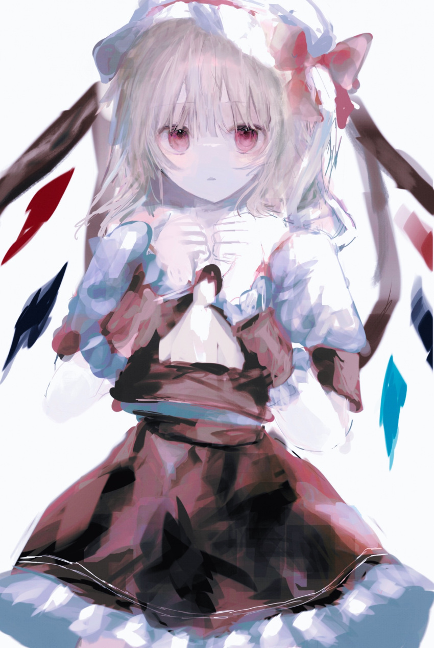 1girl amagi_xx ascot blonde_hair commentary_request crystal flandre_scarlet hands_up hat highres looking_at_viewer medium_hair mob_cap painterly petticoat red_skirt red_vest simple_background skirt skirt_set solo straight-on touhou vest violet_eyes white_background wings yellow_ascot