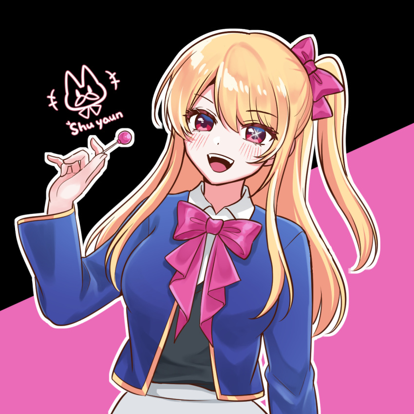 1girl :d artist_logo artist_name black_background black_vest blonde_hair blue_jacket blush bow bowtie candy collared_shirt commentary cowboy_shot food grey_skirt hair_between_eyes hair_bow holding holding_candy holding_food holding_lollipop hoshino_ruby jacket lollipop long_hair long_sleeves looking_at_viewer mismatched_pupils one_eye_closed one_side_up open_clothes open_jacket open_mouth oshi_no_ko outline parted_bangs pink_background pink_bow pink_bowtie pink_eyes school_uniform shadow shirt shuyaun sidelocks skirt smile solo star-shaped_pupils star_(symbol) symbol-shaped_pupils teeth two-tone_background upper_teeth_only vest white_outline white_shirt youtou_high_school_uniform