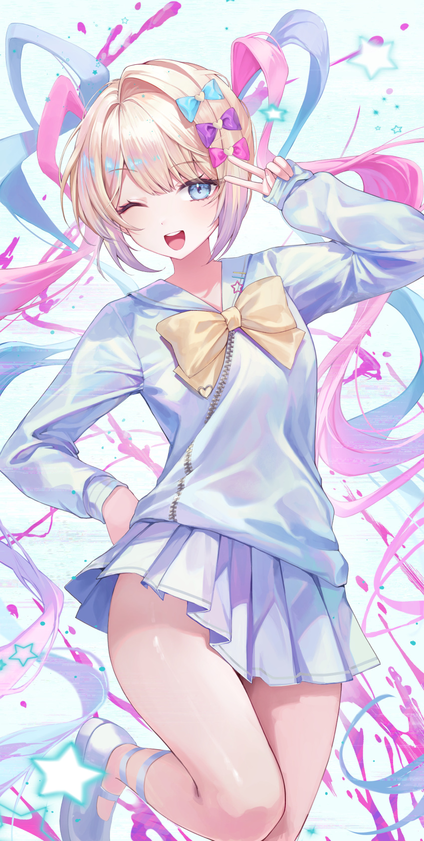 1girl absurdres blonde_hair blue_bow blue_eyes blue_hair bow bowtie chouzetsusaikawa_tenshi-chan dot_nose hair_bow ham99luv hand_on_own_hip highres leg_up long_hair long_sleeves looking_at_viewer miniskirt multicolored_hair multiple_hair_bows needy_girl_overdose one_eye_closed open_mouth parted_bangs pink_bow pink_hair pleated_skirt purple_bow quad_tails sailor_collar school_uniform serafuku sidelocks skirt sleeves_past_wrists solo teeth thighs upper_teeth_only v very_long_hair yellow_bow yellow_bowtie