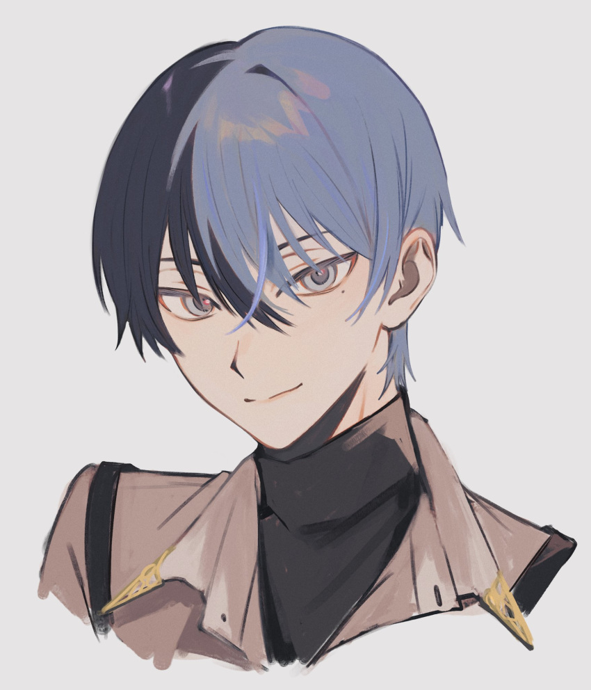 1boy aoyagi_touya blue_hair closed_mouth collared_shirt colorful_festival_(project_sekai) commentary dark_blue_hair grey_background grey_eyes hair_between_eyes highres looking_at_viewer male_focus mole mole_under_eye multicolored_hair official_alternate_costume portrait project_sekai shirt short_hair simple_background so17p solo split-color_hair suspenders turtle two-tone_hair