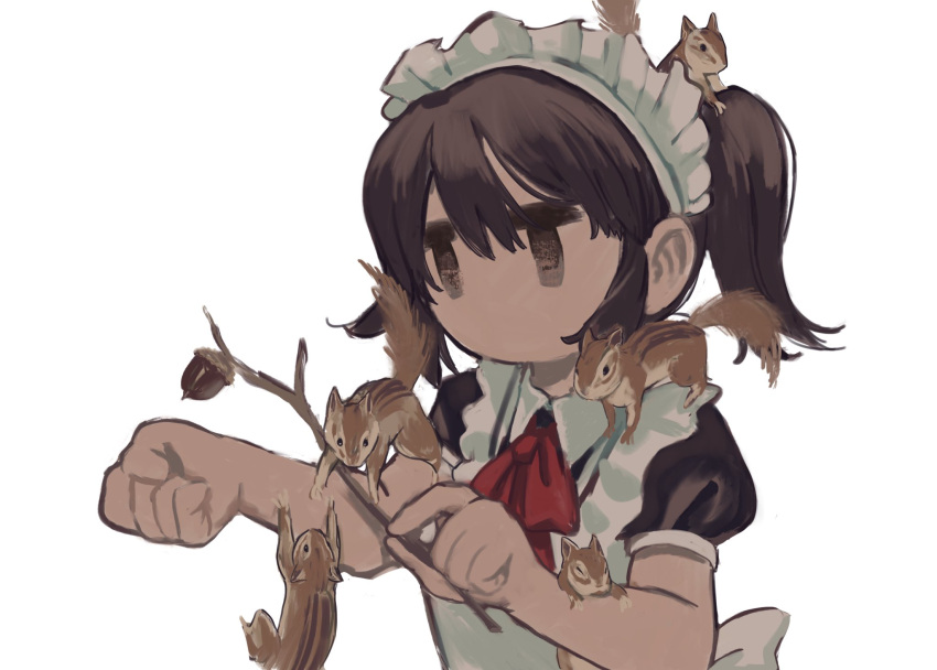 1girl acorn animal_on_arm animal_on_head animal_on_shoulder apron black_dress bow bowtie branch brown_eyes brown_hair clenched_hand collared_dress commentary_request dress frilled_apron frills hands_up highres holding holding_branch kezuru maid_headdress medium_hair no_mouth no_pupils no_sclera on_head original ponytail puffy_short_sleeves puffy_sleeves red_bow red_bowtie short_sleeves simple_background solo squirrel twintails upper_body white_apron white_background