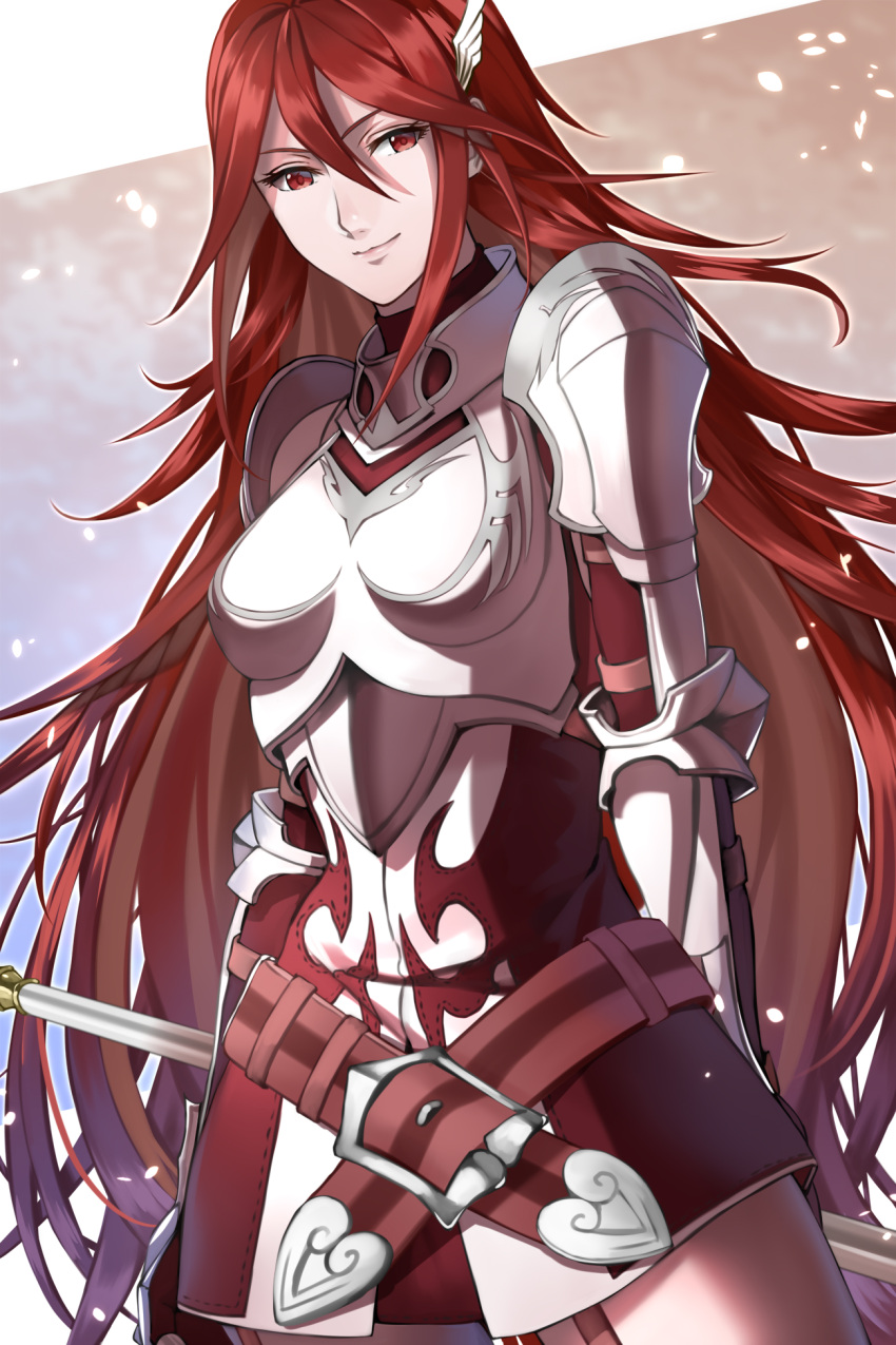 1girl armor armored_dress belt belt_buckle breastplate buckle closed_mouth cordelia_(fire_emblem) delsaber dress fire_emblem fire_emblem_awakening hair_between_eyes highres holding holding_weapon lips long_hair looking_at_viewer pink_lips red_belt red_dress red_eyes redhead shoulder_armor smile solo very_long_hair weapon wing_hair_ornament