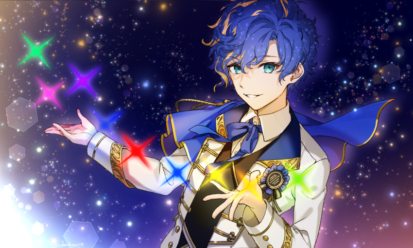 1boy aqua_eyes astel_leda award_ribbon black_vest blonde_hair blue_capelet blue_hair blue_ribbon capelet collared_shirt hair_between_eyes highres holostars holostars_idol_uniform_(1st_act) idol_clothes jacket lapels lens_flare long_sleeves looking_at_viewer male_focus multicolored_hair neck_ribbon nokachoco114 notched_lapels official_alternate_costume open_clothes open_hand open_jacket outstretched_hand parted_lips ribbon shirt short_hair shoulder_cape sky sleeve_cuffs smile solo sparkle star_(sky) starry_sky streaked_hair upper_body vest virtual_youtuber wavy_hair white_jacket white_shirt