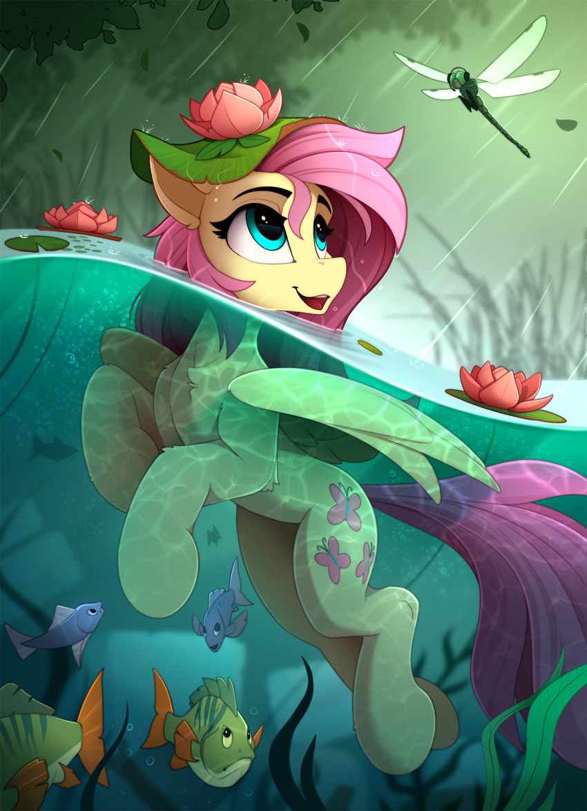 1girl blue_eyes bug dragonfly fish flower fluttershy highres lily_pad lotus male_swimwear my_little_pony my_little_pony:_friendship_is_magic no_humans outdoors partially_submerged pegasus pink_flower pink_hair swim_trunks water yakovlev-vad yellow_fur