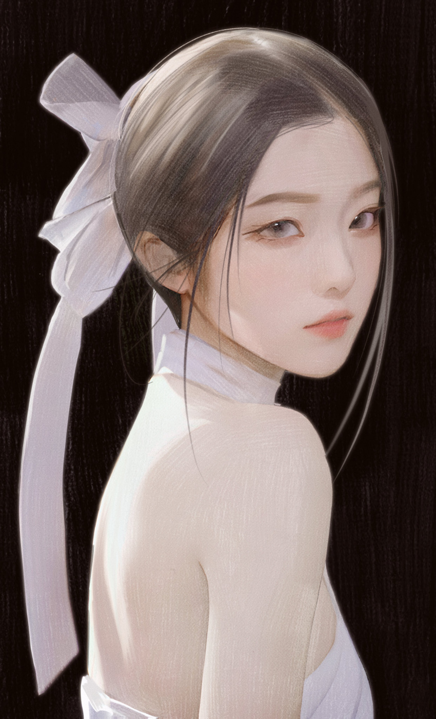 1girl absurdres black_background black_hair brown_eyes cropped_arms cropped_torso dress hair_ribbon highres irene_(red_velvet) looking_at_viewer nagamerin parted_bangs pink_lips portrait real_life red_lips red_velvet_(group) ribbon white_dress white_ribbon