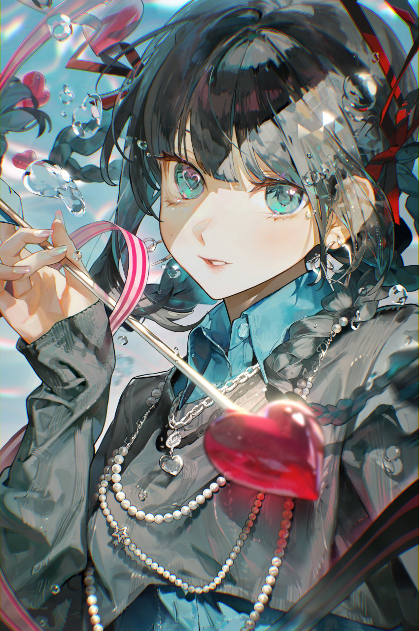 1girl absurdres air_bubble aqua_collar aqua_eyes arrow_(projectile) black_hair black_shirt blurry blurry_background braid bubble collared_shirt copyright_request earrings fingernails gem heart heart-shaped_pupils heart_arrow heart_earrings heart_in_eye heart_necklace highres holding holding_arrow jewelry liquid_hair long_fingernails long_hair long_sleeves looking_at_viewer multicolored_nails nail_polish necklace pearl_necklace pink_nails red_gemstone ribbon shirt single_braid solo striped striped_ribbon suzumi_(ccroquette) symbol-shaped_pupils symbol_in_eye water white_nails