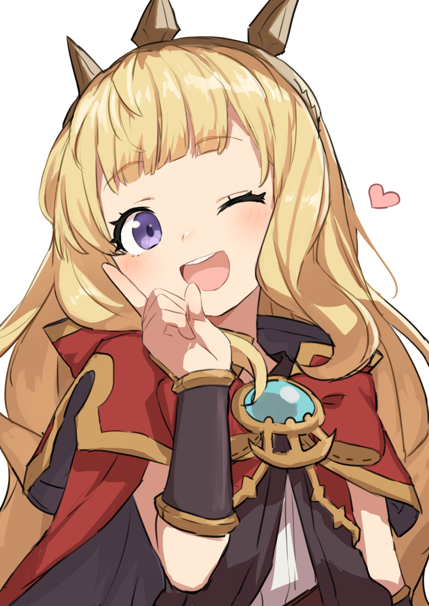 1girl ;d absurdres blonde_hair blunt_bangs cagliostro_(granblue_fantasy) cape capelet gazacy_(dai) granblue_fantasy heart highres index_finger_raised long_hair looking_at_viewer one_eye_closed red_cape red_capelet round_teeth simple_background smile solo teeth tiara upper_body upper_teeth_only violet_eyes white_background