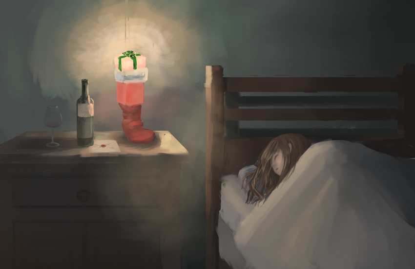 1girl absurdres alcohol bed bed_frame bed_sheet bedroom blanket bottle cabinet christmas christmas_present christmas_stocking closed_eyes cup drawer drinking_glass gift highres letter light long_hair on_bed original pillow red_wine shadow shinkopeishon sleeping solo wine wine_bottle wine_glass