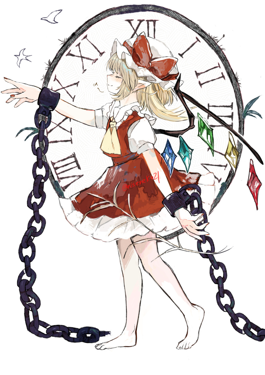 1girl absurdres arm_up ascot bare_legs barefoot blonde_hair bow chain clock_face closed_eyes closed_mouth cuffs flandre_scarlet frilled_shirt_collar frills from_side full_body hat hat_bow highres light_smile mob_cap nail_polish niseneko_(mofumofu_ga_ienai) one_side_up pointy_ears profile red_bow red_nails red_skirt red_vest shackles short_hair simple_background skirt skirt_set solo standing toes touhou vest white_background yellow_ascot