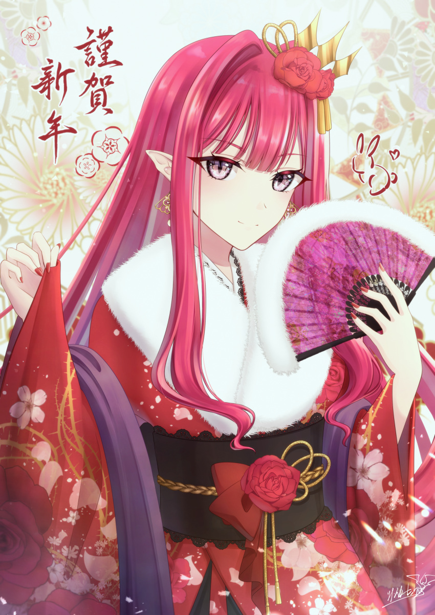 1girl absurdres black_sash chinese_zodiac earrings fairy_knight_tristan_(fate) fate/grand_order fate_(series) floral_background floral_print flower fur_trim hair_flower hair_ornament hand_fan highres holding holding_fan japanese_clothes jewelry kimono long_hair obi obijime pink_hair pointy_ears rabbit red_flower red_kimono red_rose rina_sukareltuto rose sash signature slit_pupils solo violet_eyes year_of_the_rabbit
