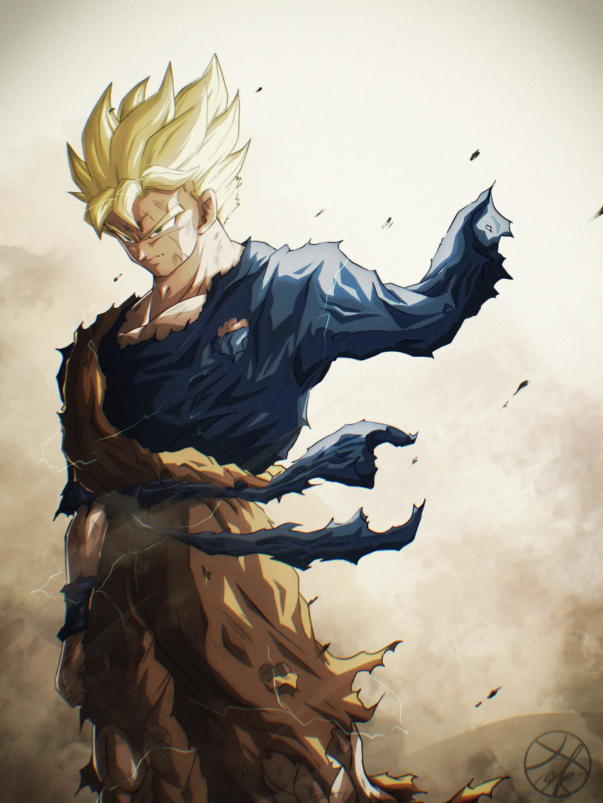 1boy absurdres arm_at_side blonde_hair blue_sash blue_shirt blue_wristband closed_mouth commentary_request cowboy_shot dougi dragon_ball dragon_ball_z electricity energy frown green_eyes highres male_focus missing_limb muscular muscular_male orange_pants pants pectorals sash scratches serious shirt short_hair short_sleeves signature smoke solo son_gohan son_gohan_(future) spiky_hair standing super_saiyan super_saiyan_1 torn_clothes torn_pants torn_shirt toshi-chan v-shaped_eyebrows wristband