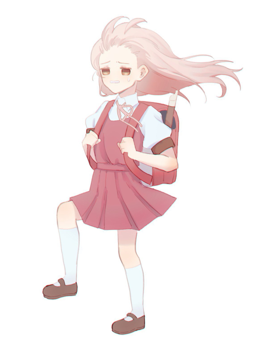 1girl alternate_costume backpack bag bare_arms black_footwear brown_eyes commentary forehead full_body highres holding_strap instrument kneehighs kyoufuu_all_back_(vocaloid) lazy_boneowo long_hair mary_janes neck_ribbon onii-chan_wa_oshimai! oyama_mahiro parody pink_hair pleated_skirt puffy_short_sleeves puffy_sleeves randoseru recorder red_skirt red_vest ribbon shirt shoes short_sleeves simple_background skirt socks solo sweatdrop vest walking white_background white_shirt white_socks wind wing_collar