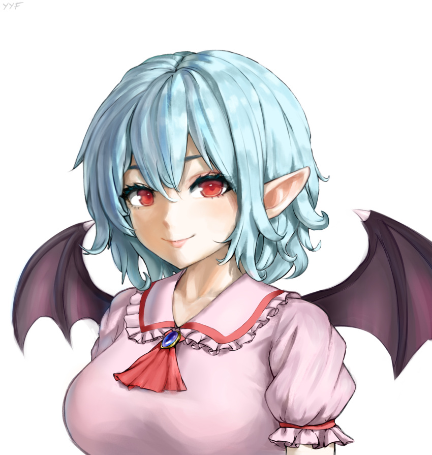 1girl alternate_breast_size aqua_hair artist_name ascot bat_wings breasts brooch closed_mouth collarbone collared_shirt error frilled_shirt_collar frilled_sleeves frills hair_between_eyes highres jewelry light_smile looking_at_viewer medium_breasts medium_hair messy_hair no_headwear pink_shirt pointy_ears puffy_short_sleeves puffy_sleeves purple_brooch red_ascot red_eyes remilia_scarlet revision self-upload shirt short_sleeves simple_background solo touhou upper_body white_background wings yyf_(seaknight)