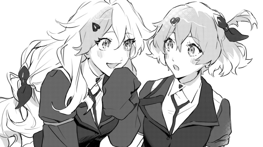 2girls :o alternate_costume blush breasts collared_shirt colored_tips freyja_wion greyscale hair_ornament hair_ribbon heart heart_hair_ornament heterochromia highres jacket leaning_forward long_hair macross macross_delta macross_delta:_zettai_live!!!!!! monochrome mosako multicolored_hair multiple_girls portrait ribbon shirt short_hair small_breasts smile streaked_hair surprised very_long_hair white_background yami_freyja