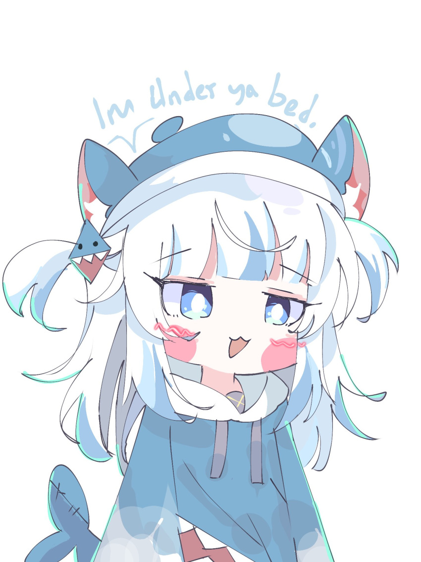 1girl animal_costume animal_ear_fluff animal_ears blue_eyes blue_hair blue_headwear blue_hoodie blunt_bangs blush_stickers bright_pupils cat_ears chibi english_text fins fish_tail gawr_gura gawr_gura_(1st_costume) grey_hair hair_ornament highres hololive hololive_english hood hood_down hoodie koyoinacho long_hair long_sleeves looking_at_viewer multicolored_hair open_mouth shark_costume shark_girl shark_hair_ornament shark_tail sidelocks simple_background smile solo streaked_hair tail two_side_up upper_body variant_set virtual_youtuber white_background white_pupils