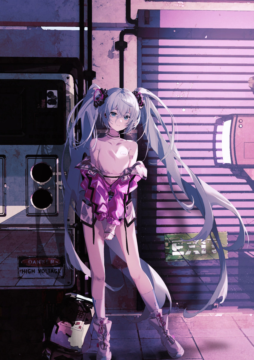 1girl absurdres blue_eyes blue_hair closed_mouth commentary_request crop_top earphones full_body grey_shorts hair_between_eyes hair_ornament hatsune_miku highres jacket kiduki long_hair long_sleeves looking_at_viewer off_shoulder outdoors own_hands_together partially_unzipped pink_jacket shirt shoes shorts smile socks solo solwa twintails very_long_hair vocaloid white_footwear white_shirt white_socks