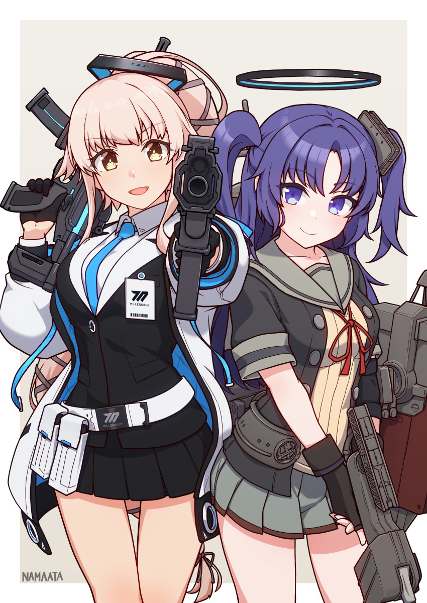 2girls absurdres artist_name black_gloves black_skirt blue_archive blue_necktie buttons collarbone collared_shirt cosplay costume_switch crossover fingerless_gloves gloves grey_sailor_collar grey_skirt gun half_gloves halo highres holding holding_gun holding_weapon id_card jacket kantai_collection long_hair long_sleeves machinery mechanical_halo miniskirt multiple_girls namaata necktie open_clothes open_jacket open_mouth pink_hair pleated_skirt ponytail purple_hair red_ribbon ribbon rigging sailor_collar shirt sidelocks signature skirt smile suit two-sided_fabric two-sided_jacket two_side_up violet_eyes weapon white_jacket white_shirt yellow_eyes yura_(kancolle) yura_(kancolle)_(cosplay) yura_kai_ni_(kancolle) yuuka_(blue_archive) yuuka_(blue_archive)_(cosplay)