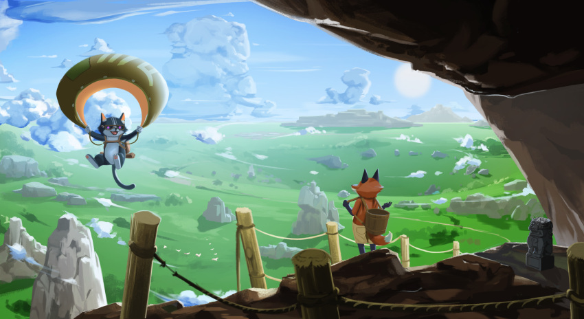 2others animal cat clouds cloudy_sky fox from_behind goggles highres holding_strap looking_at_another mixed-language_commentary mountain multiple_others open_mouth original parachute scenery shorts sky sleepylion smile statue sun vat