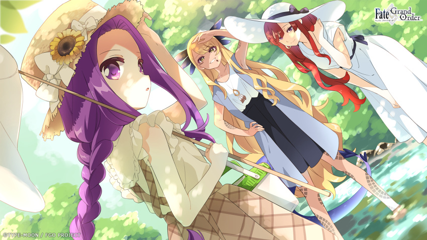3girls arm_up barefoot braid braided_ponytail butterfly_net child closed_mouth commentary_request day dress fate/grand_order fate_(series) female_child hair_ornament hand_net hand_on_own_hip hand_on_own_neck hat highres holding holding_butterfly_net leaning_forward long_hair looking_at_viewer medusa_(fate) medusa_(lancer)_(fate) miss_crane_(fate) multiple_girls namori official_art open_mouth outdoors partially_submerged pond purple_hair second-party_source sleeveless smile standing straw_hat sun_hat teeth tree violet_eyes vritra_(fate) white_dress yellow_eyes