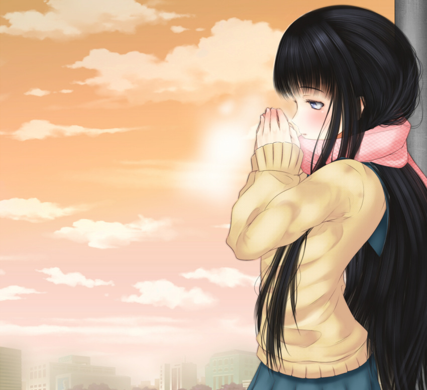 1girl blunt_bangs breath breathing_on_hands brown_sweater building clouds cloudy_sky cold commentary_request from_side grey_eyes grey_serafuku grey_skirt hands_up hime_cut himegami_aisa light_blush long_hair long_sleeves orange_sky outdoors own_hands_together parted_lips pink_scarf pleated_skirt scarf school_uniform serafuku shin_(highest1192) sidelocks skirt sky solo sweater toaru_majutsu_no_index upper_body very_long_hair winter winter_clothes
