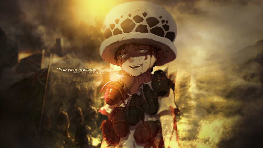 1boy aged_down black_hair blood blood_on_face child english_text explosive fur_hat grenade hat highres holding holding_grenade male_focus one_piece open_mouth redeye27 short_hair short_sleeves smile solo teeth trafalgar_law yellow_eyes