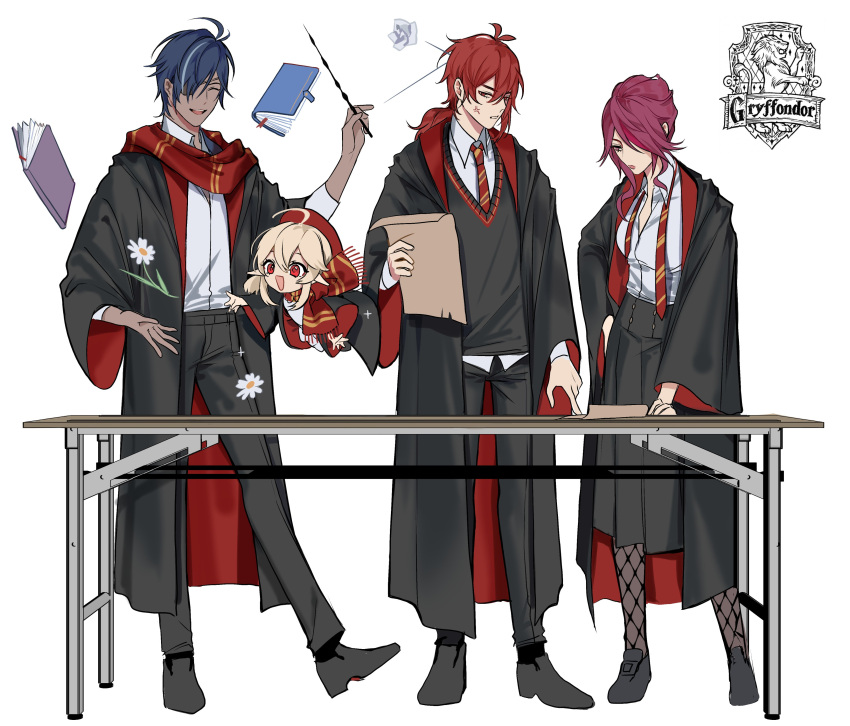2boys 2girls absurdres ahoge alternate_costume anger_vein antenna_hair beret black_coat black_footwear black_pants black_skirt black_vest blonde_hair blue_hair book boots breasts closed_eyes closed_mouth coat collared_coat collared_shirt dark-skinned_male dark_skin desk diluc_(genshin_impact) dress english_commentary eyepatch fishnet_pantyhose fishnets flower flying full_body genshin_impact gryffindor hair_between_eyes hair_over_one_eye hand_on_own_hip hand_up hands_up harry_potter_(series) hat high_heels highres hogwarts_school_uniform holding holding_paper holding_wand kaeya_(genshin_impact) klee_(genshin_impact) leaf lips lipstick long_sleeves looking_at_another looking_down looking_to_the_side makeup medium_breasts multicolored_hair multiple_boys multiple_girls necktie open_clothes open_coat open_mouth pants pantyhose paper pink_eyes pink_hair pnk_crow pointy_ears ponytail purple_hair red_coat red_eyes red_headwear red_necktie red_scarf redhead rosaria_(genshin_impact) scarf school_uniform shirt shoes short_hair short_hair_with_long_locks short_twintails sidelocks simple_background skirt smile sparkle standing streaked_hair striped striped_necktie teeth tongue twintails two-tone_coat two-tone_hair v-shaped_eyebrows vest wand white_background white_dress white_flower white_shirt wide_sleeves wizarding_world