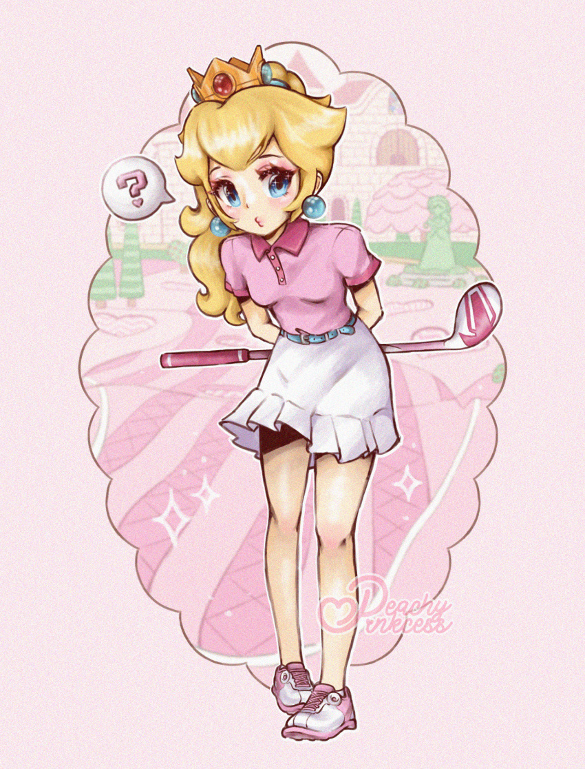 1girl ? aqua_belt aqua_eyes belt blonde_hair blush border breasts breasts_apart buttons collared_shirt crown earrings eyelashes eyeshadow film_grain flutterinreallife full_body heart highres jewelry long_hair looking_at_viewer makeup mario_golf mario_golf:_super_rush mario_golf:_world_tour mascara official_alternate_costume outline peach_gardens_(mario) pink_background pink_border pink_eyeshadow pink_footwear pink_shirt polo_shirt princess_peach princess_peach's_castle shirt shoes short_sleeves sidelocks skirt small_breasts sneakers socks solo sparkle speech_bubble spoken_heart spoken_question_mark standing super_mario_bros. watermark white_outline
