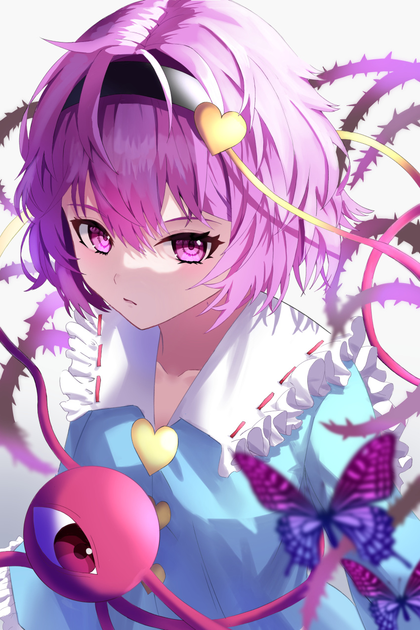 1girl :/ absurdres black_hairband blouse blue_shirt blush bug butterfly collarbone commentary frilled_shirt_collar frilled_sleeves frills hair_between_eyes hair_ornament hairband heart heart_hair_ornament highres kaminose_(user_veum4325) komeiji_satori long_sleeves looking_at_viewer pink_butterfly pink_eyes pink_hair red_eyes ribbon_trim shirt short_hair solo third_eye thorns touhou upper_body