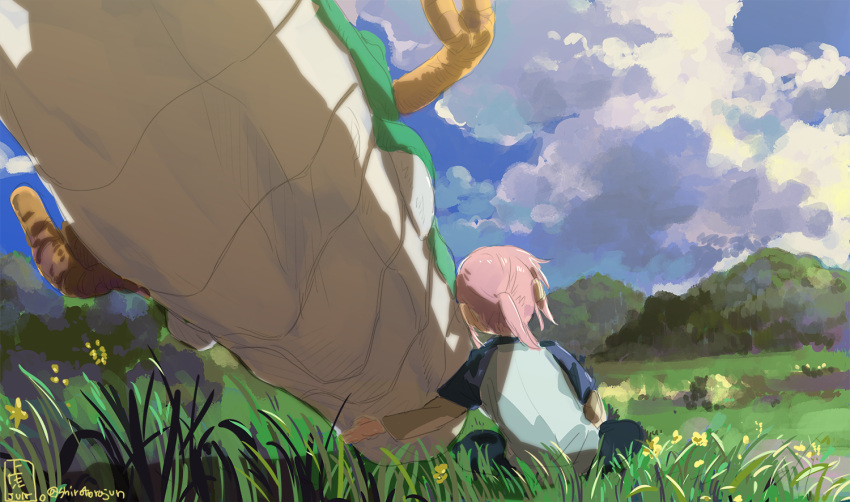2girls clouds commentary_request dragon grass kobayashi-san_chi_no_maidragon kobayashi_(maidragon) multiple_girls on_grass on_ground outdoors redhead tohru_(dragon)_(maidragon) tohru_(maidragon) tora_jun yuri