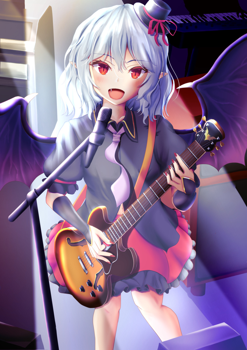 1girl alternate_costume bat_wings black_headwear black_shirt collared_shirt fang feet_out_of_frame grey_hair guitar hat highres holding holding_instrument instrument looking_at_viewer microphone_stand mini_hat mini_top_hat mizunisabano music necktie open_mouth playing_instrument pointy_ears purple_necktie red_eyes red_nails red_skirt remilia_scarlet shirt short_hair skirt slit_pupils solo stage_lights top_hat touhou wings